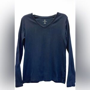 Lands' End Women’s Navy V-Neck Long Sleeve Cotton T-Shirt